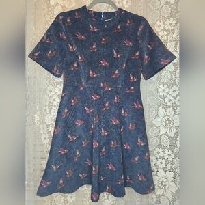Etheral By Anthropologie, Courdoroy Suede Mini Dress With Bird Pattern, Womens S